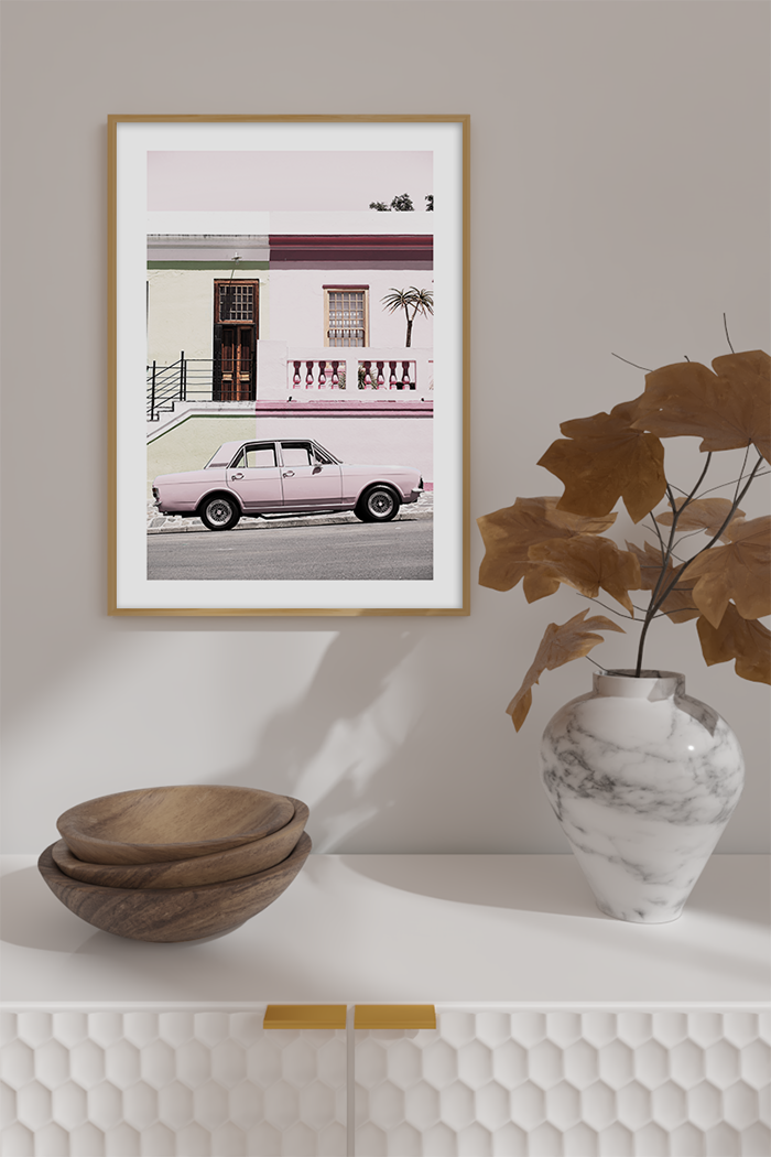Pink Car in front of House Poster